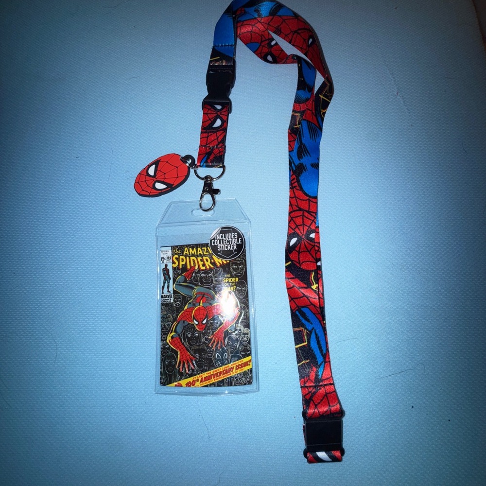 Bioworld Spider-Man Lanyard Unisex NEW Marvel Comics ID Holder Charm Sticker